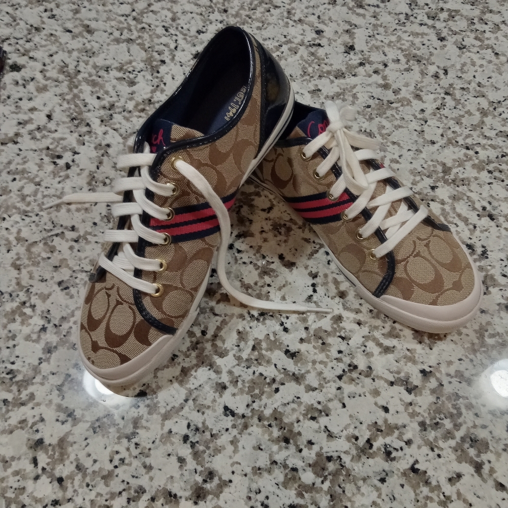 Coach Tan and Pink Canvas Sneakers